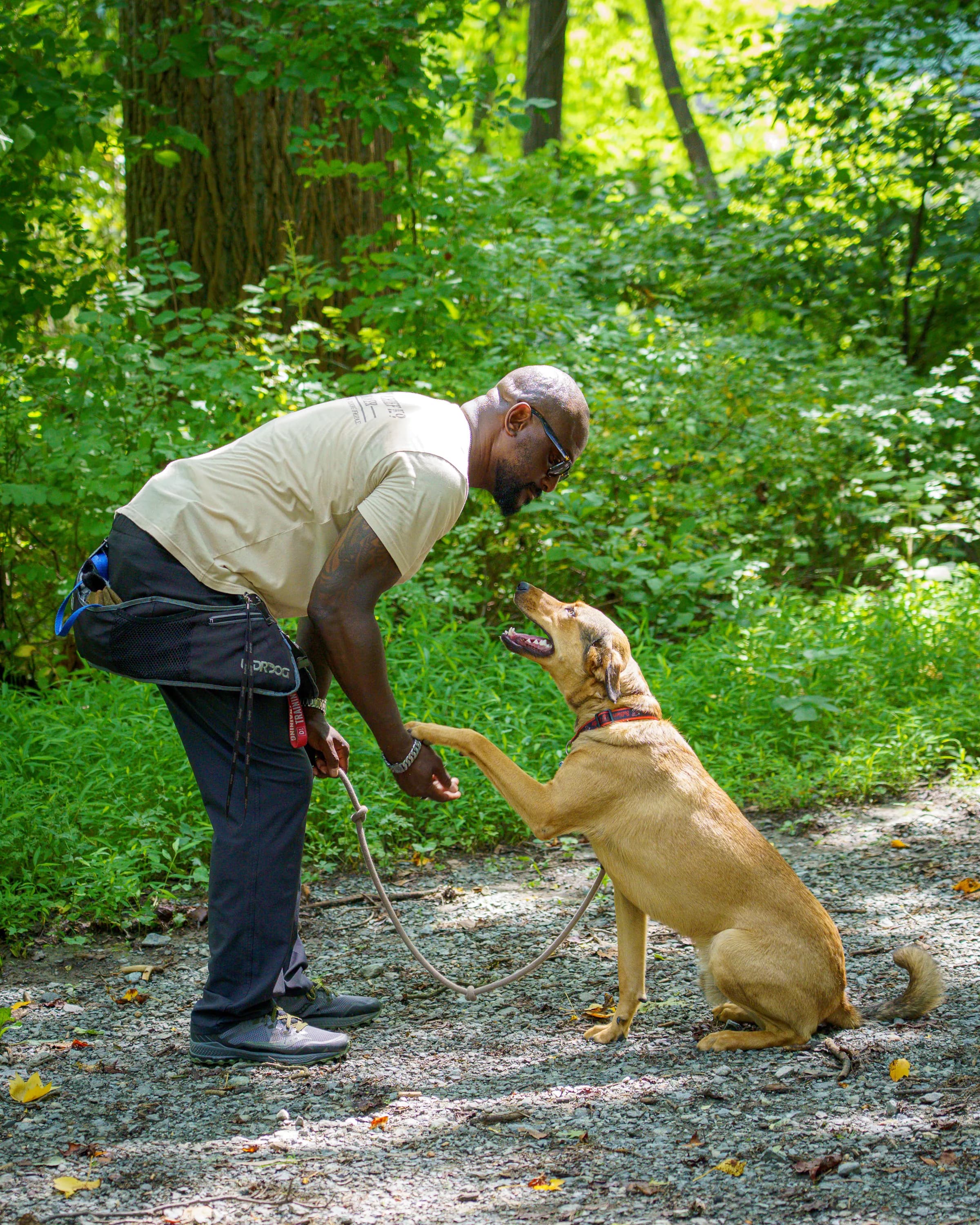 Jay crouched on a wooded trail, taking a seated tan dog's paw as it looks up at him.