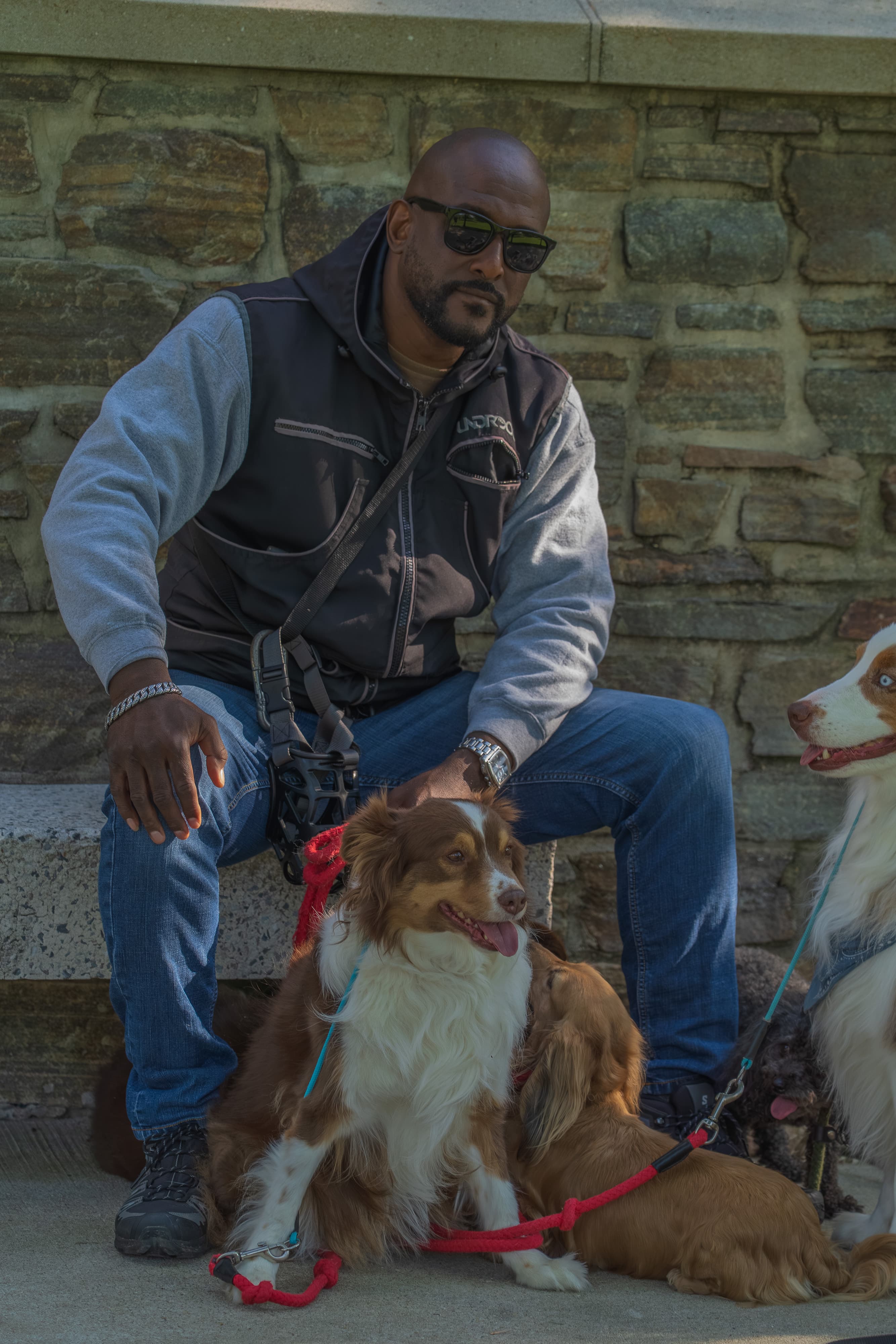 Jay sitting close with a dog, reading what it's telling him